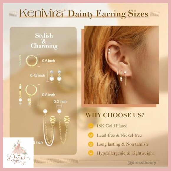 18K Gold Plated Pearl Stud Huggie Hoop Dangle Chain Earring Stack Set - Picture 5 of 8